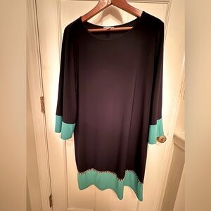 DB navy & turquoise 3/4 sleeve midi dress &gold chain embellishments XL